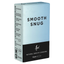 Studio product shot of the Feel Smooth Snug Condoms 12-pack box standing upright at a three-quarter angle against a white background, featuring a light powder blue upper half and a black base with white branding.