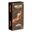 Studio product shot of the Moods Coffee Condoms 12-pack box standing upright at a three-quarter angle against a white background, featuring a background pattern of roasted coffee beans and stylized warm steam graphics.