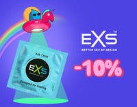 Promotional banner featuring an EXS Air Thin condom packet under a cartoon UFO beam with a rainbow background. The design includes the EXS logo, the slogan “Better Sex by Design,” and a bold “-10%” discount offer on a purple background.