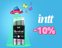 A promotional banner for My.Size Pro condoms against a blue background. The image shows a dark blue box of My.Size Pro condoms illuminated by a neon green light beam from a small, cartoonish UFO. Colorful butterflies fly near the top of the beam. On the right side, the My.Size Pro circular logo is visible above a large, bold pink "-10%" graphic indicating a discount.