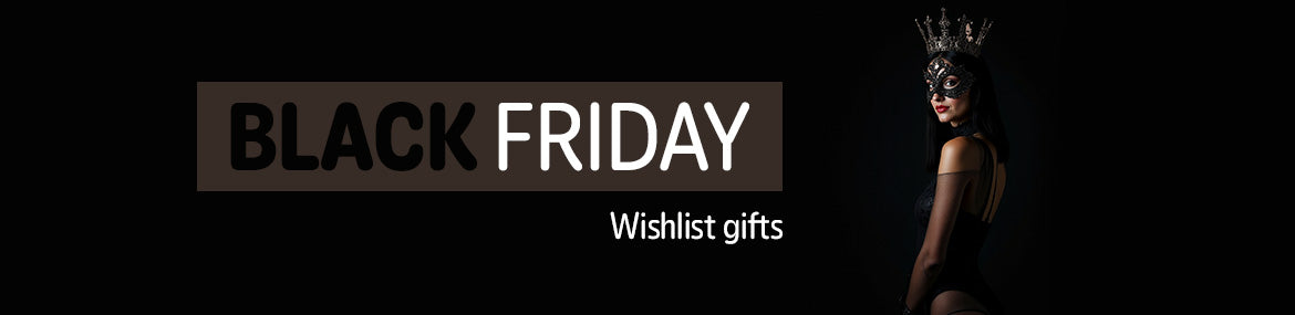 Black Friday wishlist gifts banner with a person wearing a mask against a dark background