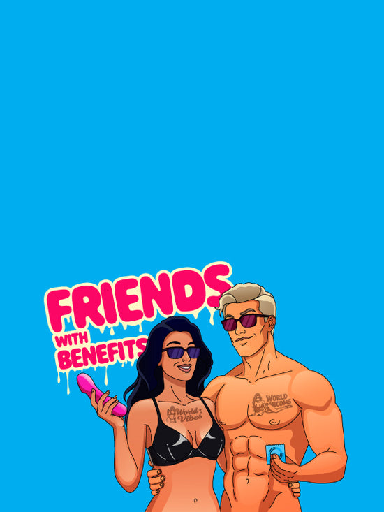 Cartoon characters with 'Friends with Benefits' text on a blue background
