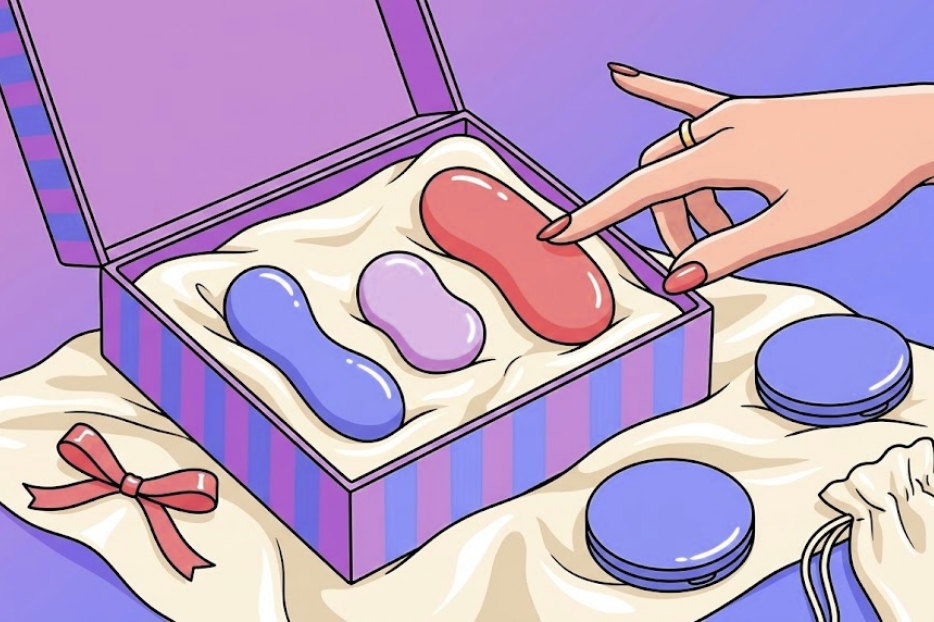 Illustration of a hand reaching into an open striped gift box containing three smooth, colorful pebble-shaped objects resting on soft fabric.