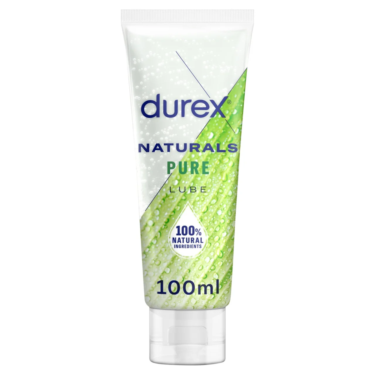 An image of a 100ml tube of Durex Naturals Pure Lube. The tube is white with a vibrant green leaf graphic covered in water droplets. The text highlights '100% Natural Ingredients' inside a water droplet icon. Imagen principal del producto