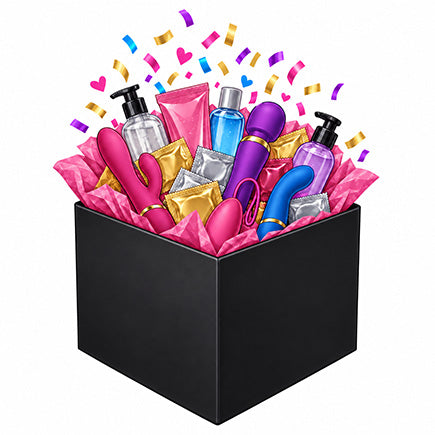 Black gift box filled with colorful beauty products and accessories, surrounded by festive confetti.