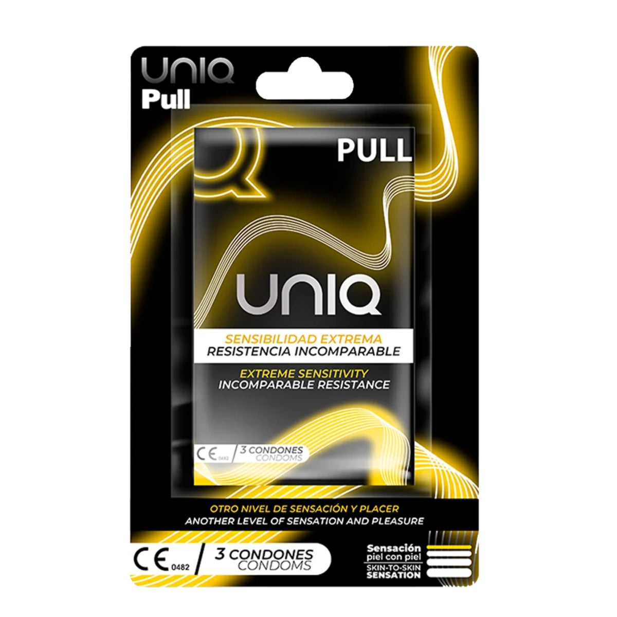 UNIQ Pull condoms packaging front, 3 condoms box, extreme sensitivity design