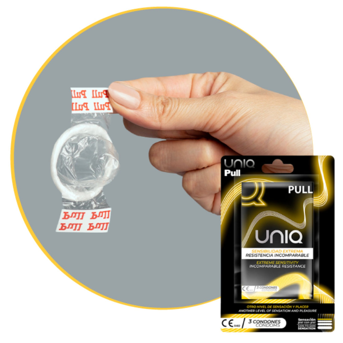 UNIQ Pull condom with easy-open wrapper and retail packaging, 3 condoms box