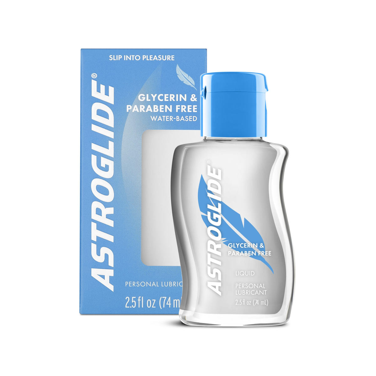 The Astroglide Glycerin & Paraben Free Water-Based Liquid bottle next to its light blue retail box, 2.5 fl oz (74 mL). Imagen principal del producto