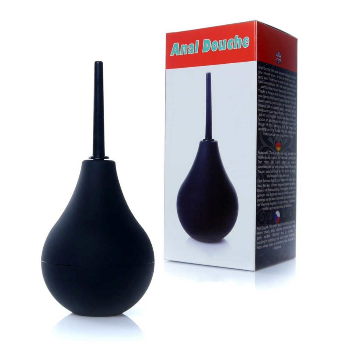 Black anal douche with packaging on a white background Imagen principal del producto