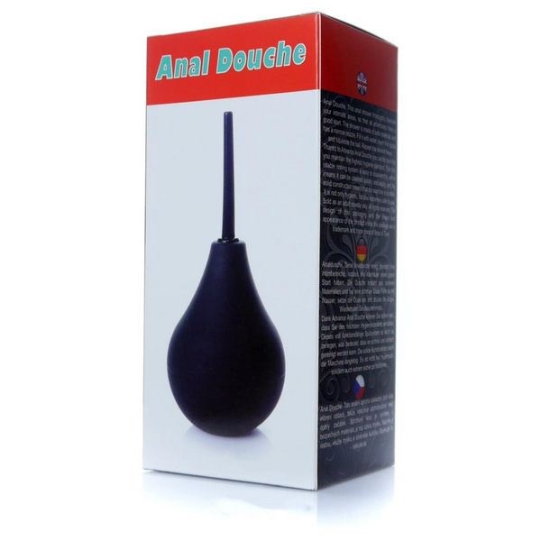 Box packaging of an Anal Douche product with a black douche on a white background.