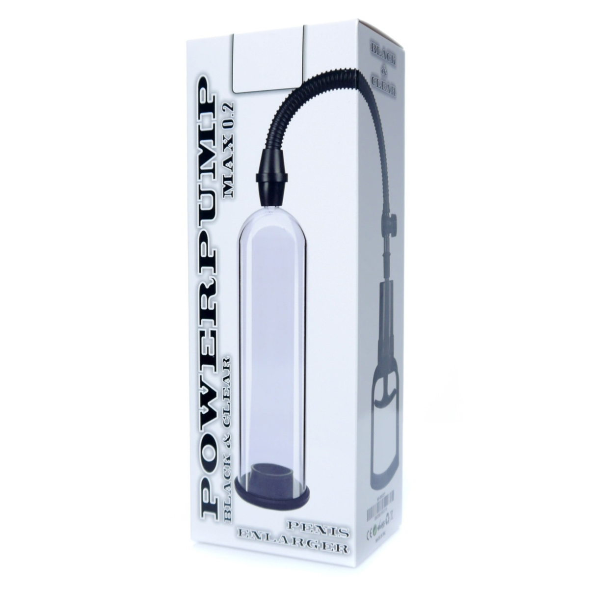 Front studio photo of the product packaging box featuring "POWERPUMP MAX 0.2 BLACK & CLEAR" branding and product imagery.