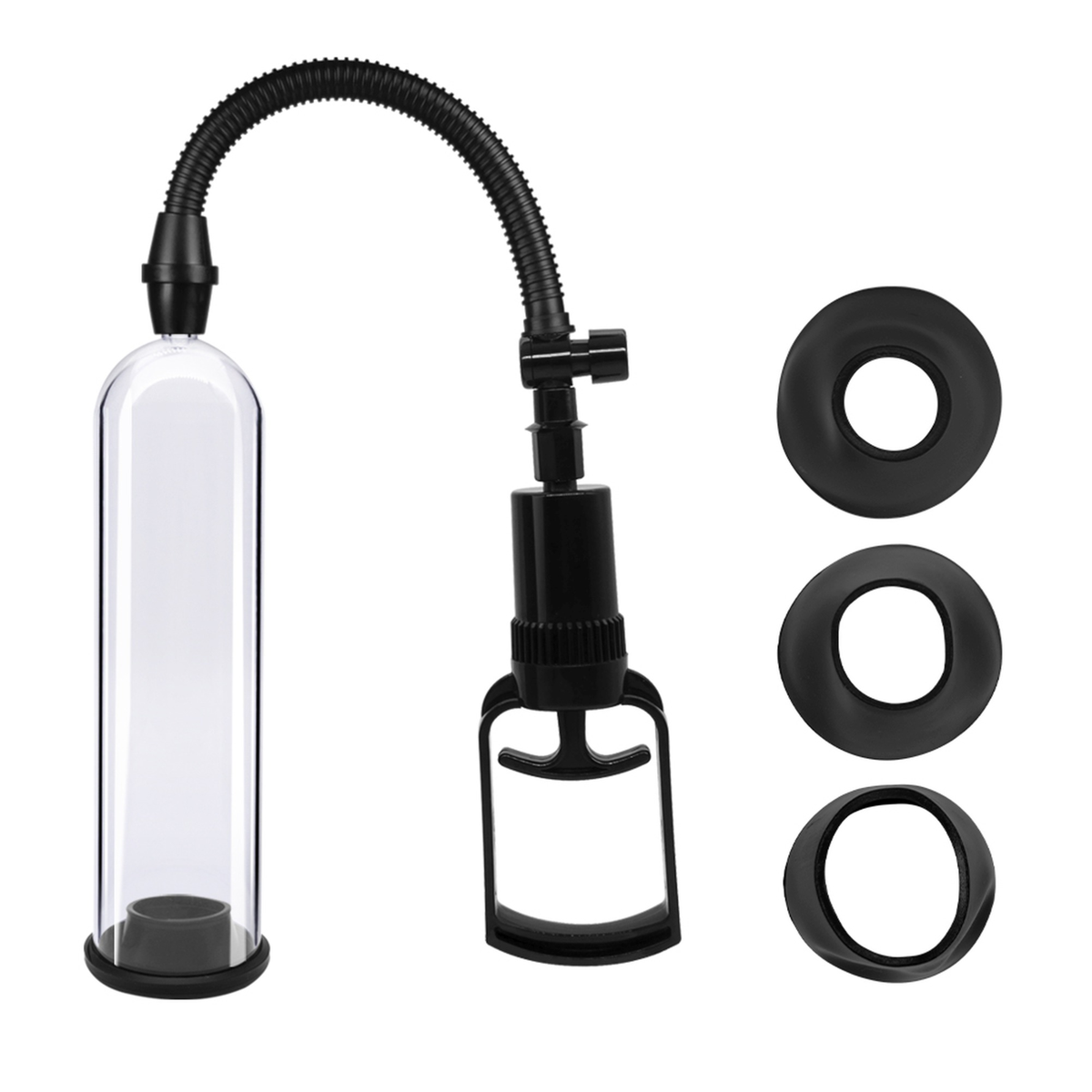 Product set shot showing the clear acrylic vacuum cylinder connected to a black pistol-grip pump, alongside three black silicone comfort sleeves of varying inner diameters.