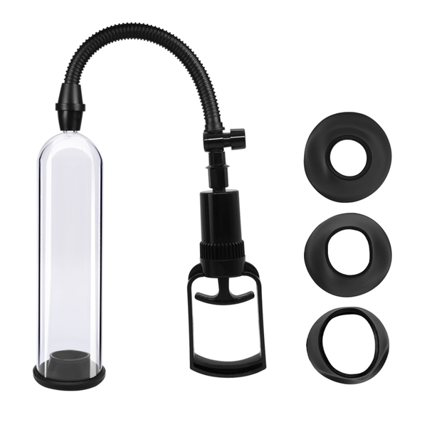 Product set shot showing the clear acrylic vacuum cylinder connected to a black pistol-grip pump, alongside three black silicone comfort sleeves of varying inner diameters.