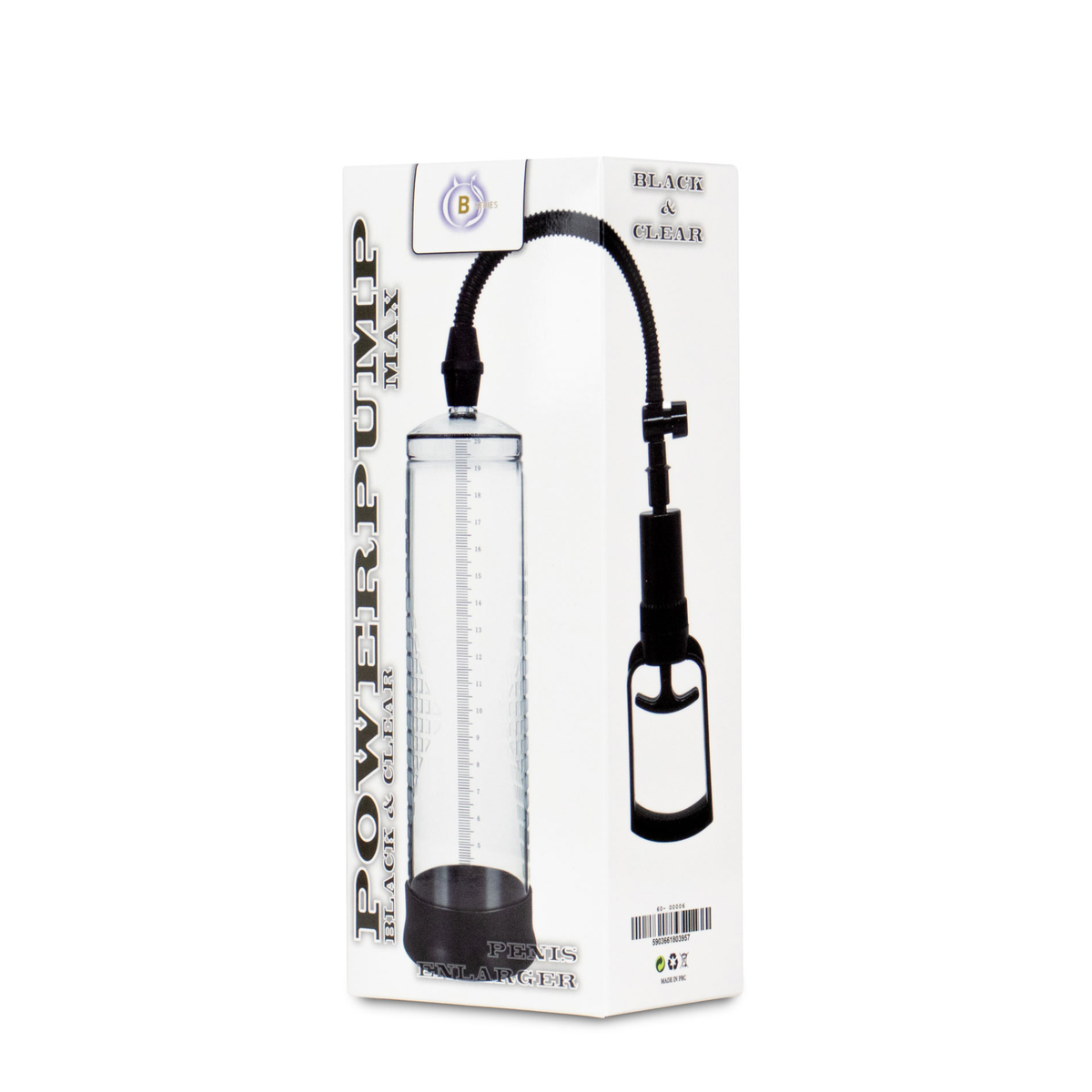 Front packaging shot displaying the white box with "POWERPUMP MAX BLACK & CLEAR PENIS ENLARGER" text and an image of the clear cylinder with black squeeze pump.