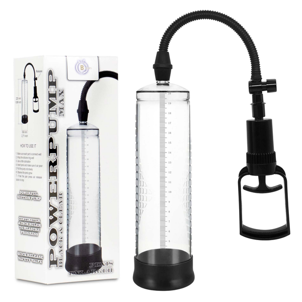 Product set display showing the clear vacuum cylinder with measurement ruler markings and attached black trigger pump standing alongside its retail packaging.