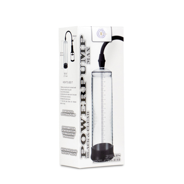 Side panel view of the packaging box showing product feature callouts ("POWERFUL SUCTION PUMP", "CENTIMETER & INCH RULER", "QUICK RELEASE SAFETY VALVE") and usage steps.