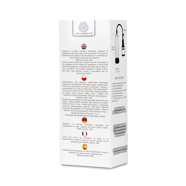 Angled back-and-side view of the packaging box displaying the dimension diagram (220 mm / 8.66 in length, 69 mm / 2.71 in diameter), instructions, and multi-language details.