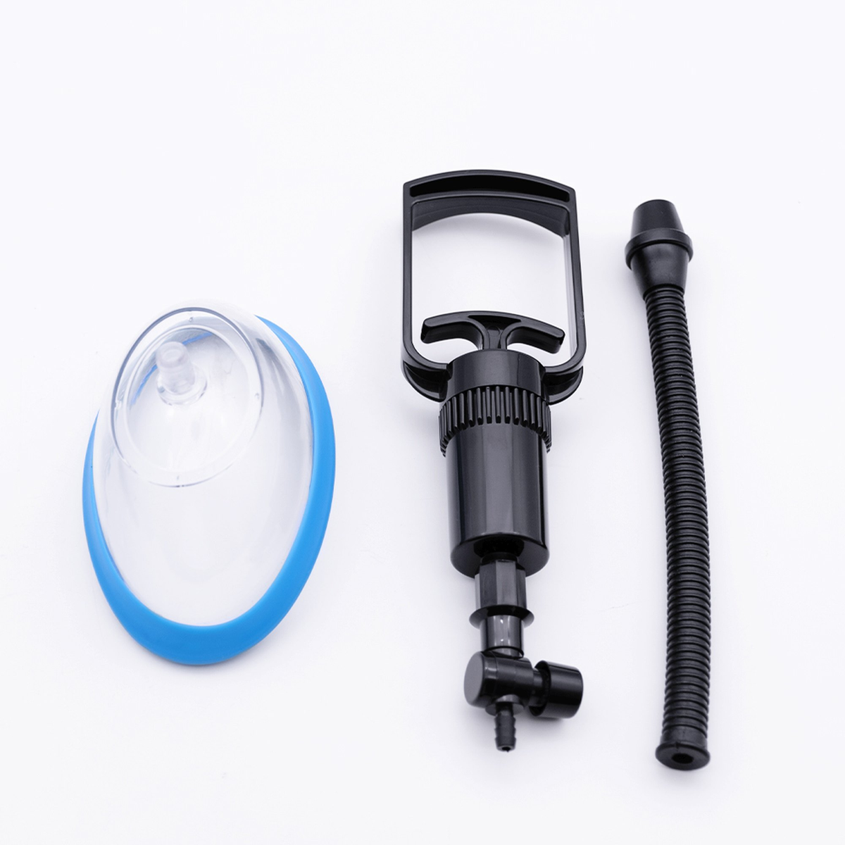 Disassembled product view showing the clear suction cup with blue rim lying next to the black trigger pump handle and flexible black hose.