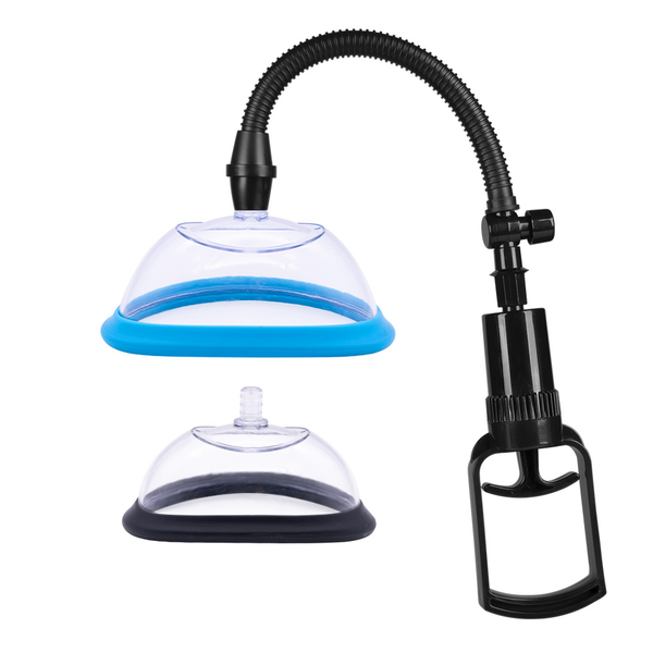 Product set shot showing the black hand pump attached to the larger clear cup with a blue rim, displayed alongside a second smaller clear cup with a black rim.