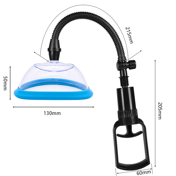 Technical dimension diagram showing the cup measuring 130 mm wide by 50 mm deep, connected via a 215 mm flexible hose to a 205 mm by 60 mm hand pump.