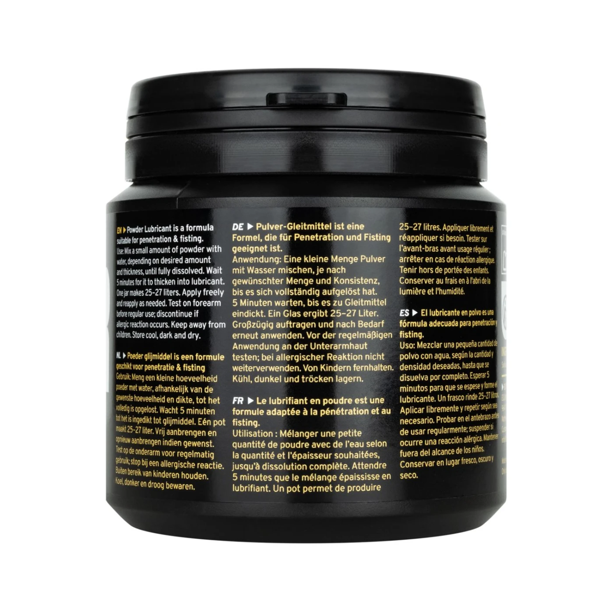 Detailed back view of the black tub showing multi-language instructions and directional text (English, German, Dutch, French, Spanish).