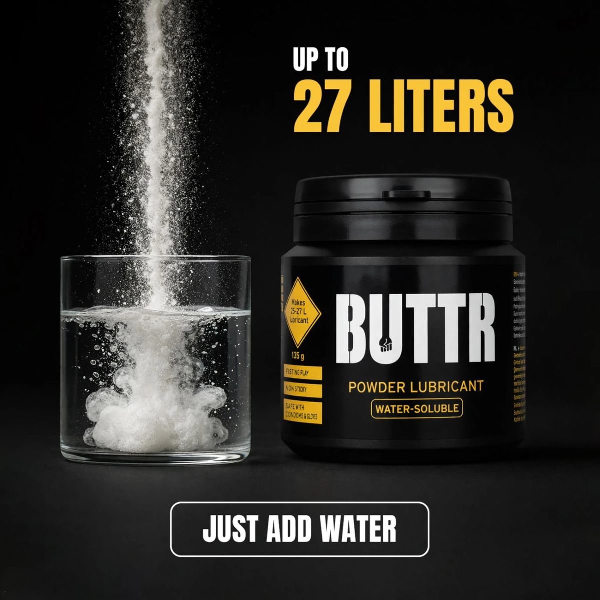 Promotional graphic showing white powder pouring into a glass of water next to the jar, under bold text reading "UP TO 27 LITERS" and "JUST ADD WATER".