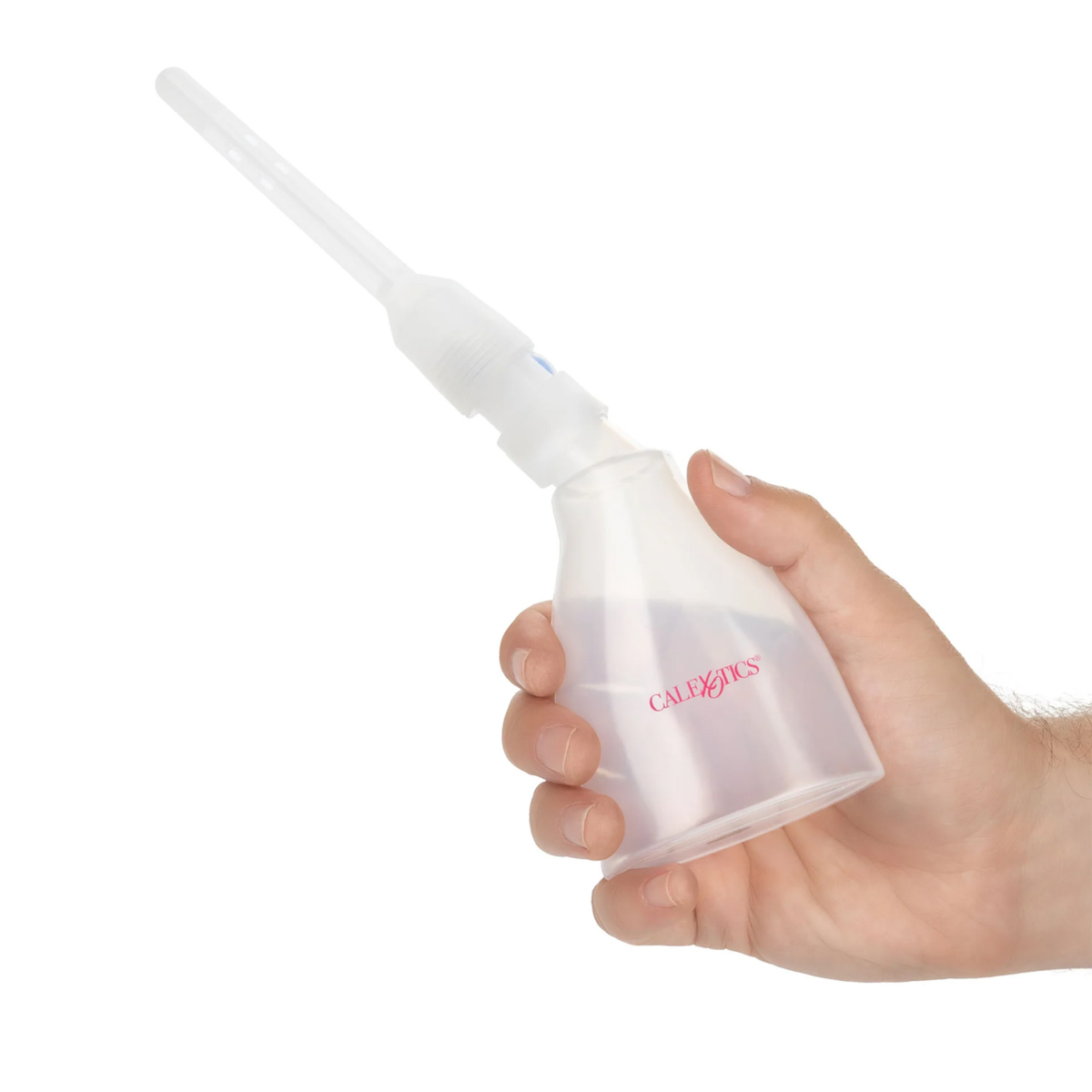 Scale perspective photo showing a hand squeezing the translucent bulb of the assembled douche device.