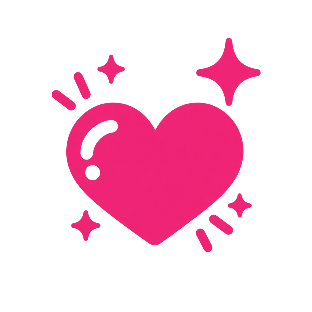 A bright pink heart icon with white highlights and small pink sparkle accents on a plain white background.