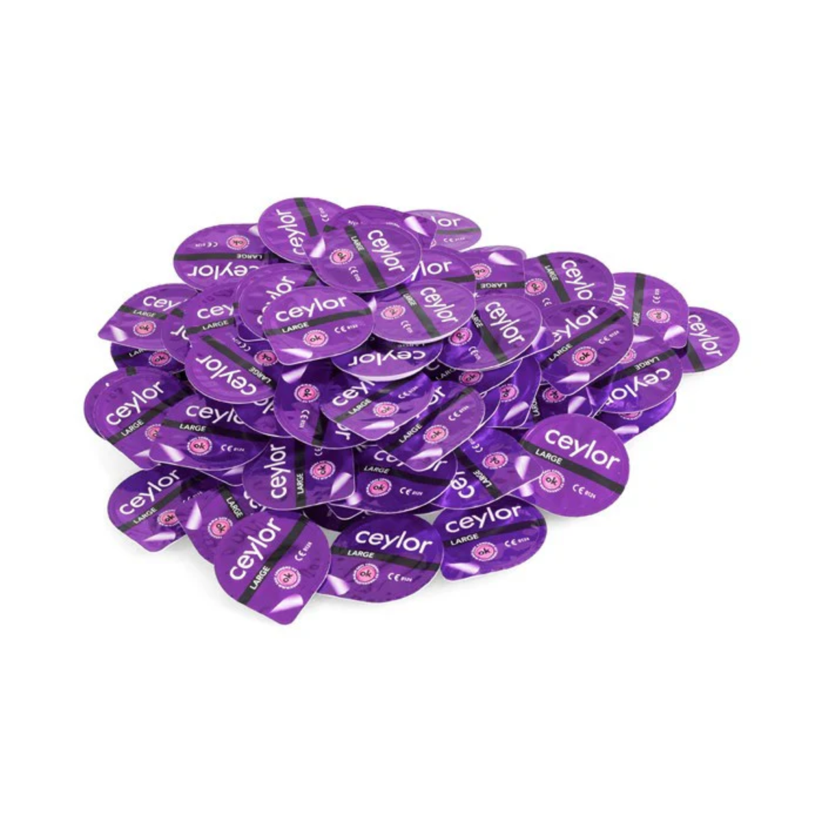 A large pile of Ceylor 'Large' condom foil packets, which are round and purple , scattered on a white background.