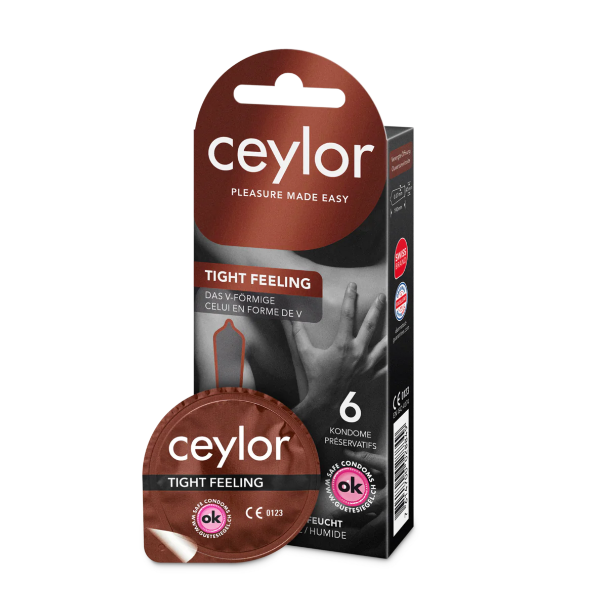 Product photo of a Ceylor Tight Feeling condom box containing 6 pieces, standing next to a single opened round foil packet. The packaging is dark brown/black with white and red accents.