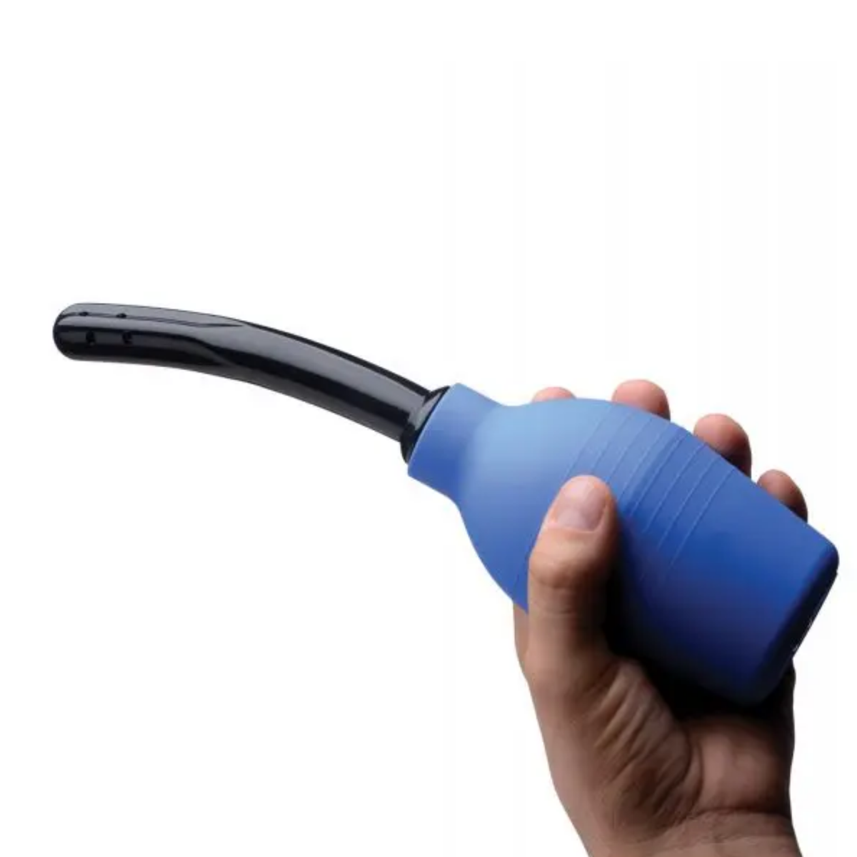 Scale perspective photo showing a hand squeezing the blue silicone bulb connected to a black curved nozzle tip.