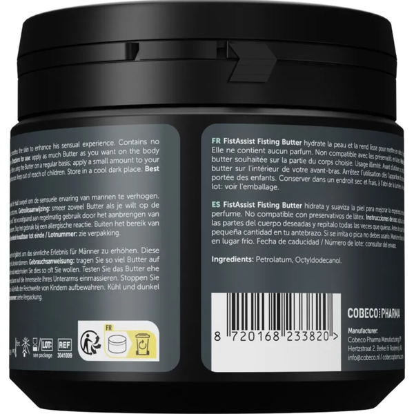 Back view of the 500 ml FistAssist Fisting Butter No. 3 tub displaying multi-language directions, ingredients (Petrolatum, Octyldodecanol), barcode, and manufacturer details for Cobeco Pharma.