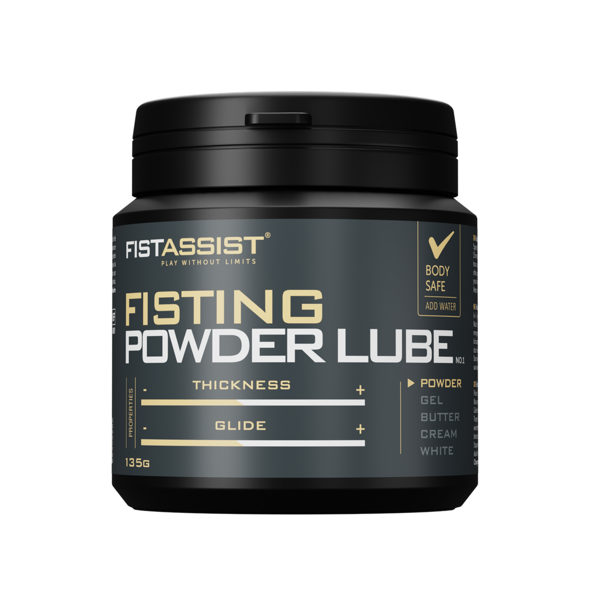 Front studio product shot of the black 135 g FistAssist Fisting Powder Lube tub featuring gold and white typography with thickness and glide rating scales. Imagen principal del producto