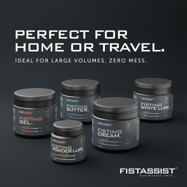Product lineup graphic displaying the 135 g FistAssist Powder Lube jar alongside other products in the range, including Fisting Gel, Fisting Butter, Fisting Cream, and Fisting White Lube under text reading "PERFECT FOR HOME OR TRAVEL."