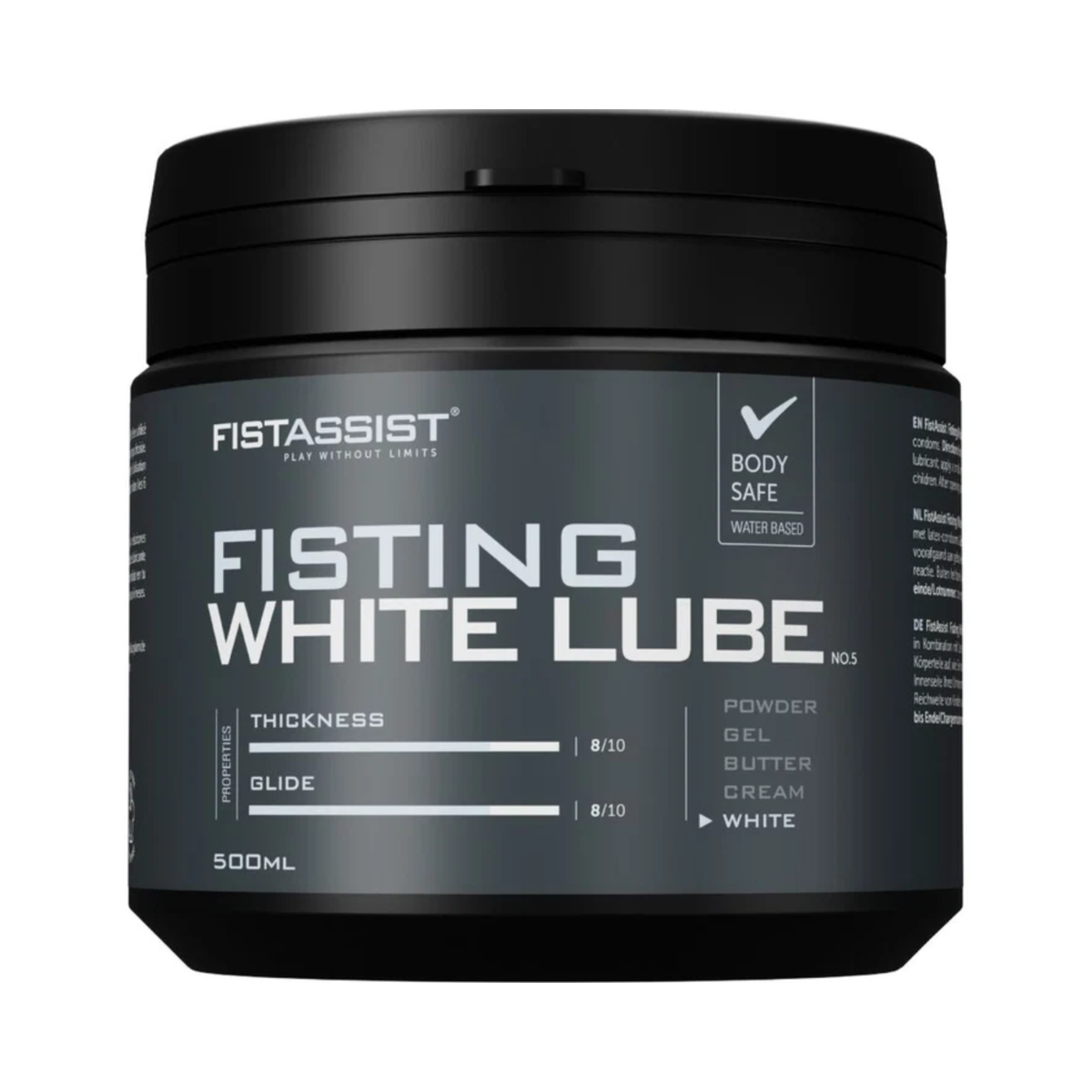 Front studio shot of the 500 ml FistAssist Fisting White Lube No. 5 tub against a dark background, featuring light blue and white text detailing equal 8/10 ratings for both thickness and glide. Imagen principal del producto