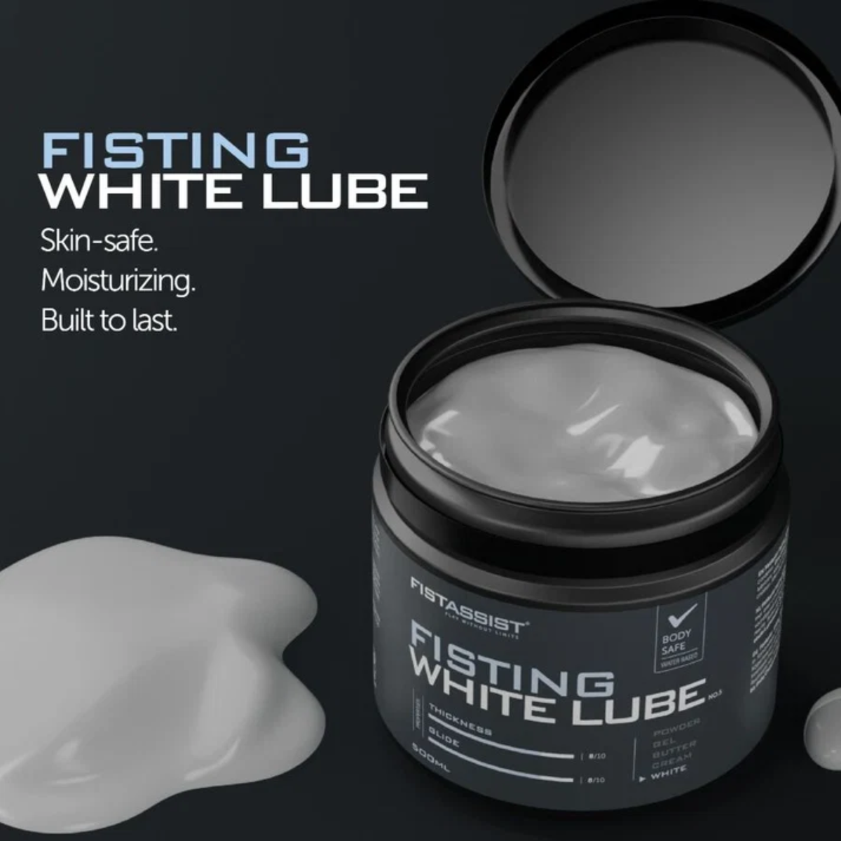 High-angle shot of an open 500 ml dark gray tub of FistAssist Fisting White Lube No. 5 with the lid open, showcasing the opaque white cream-gel inside next to light blue and white feature text and product rating bars.
