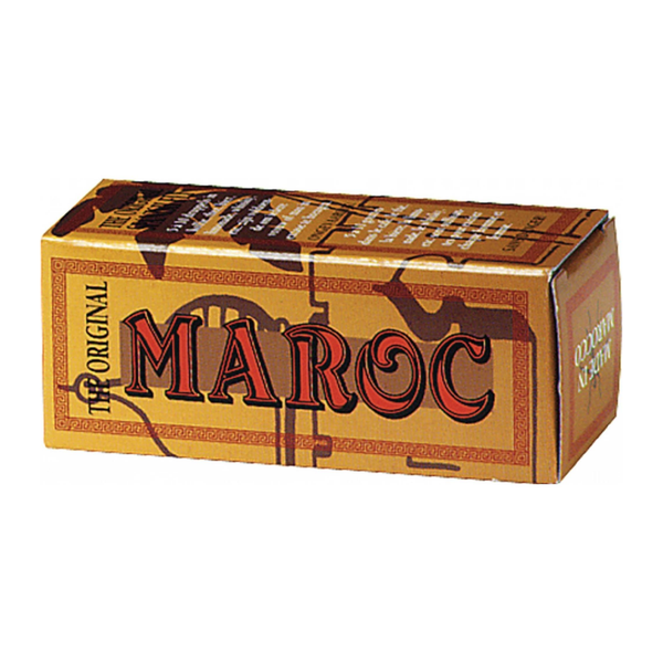 Perspective view of the gold and red rectangular retail box for Cobeco The Original Maroc Spanish Fly lying on its side.