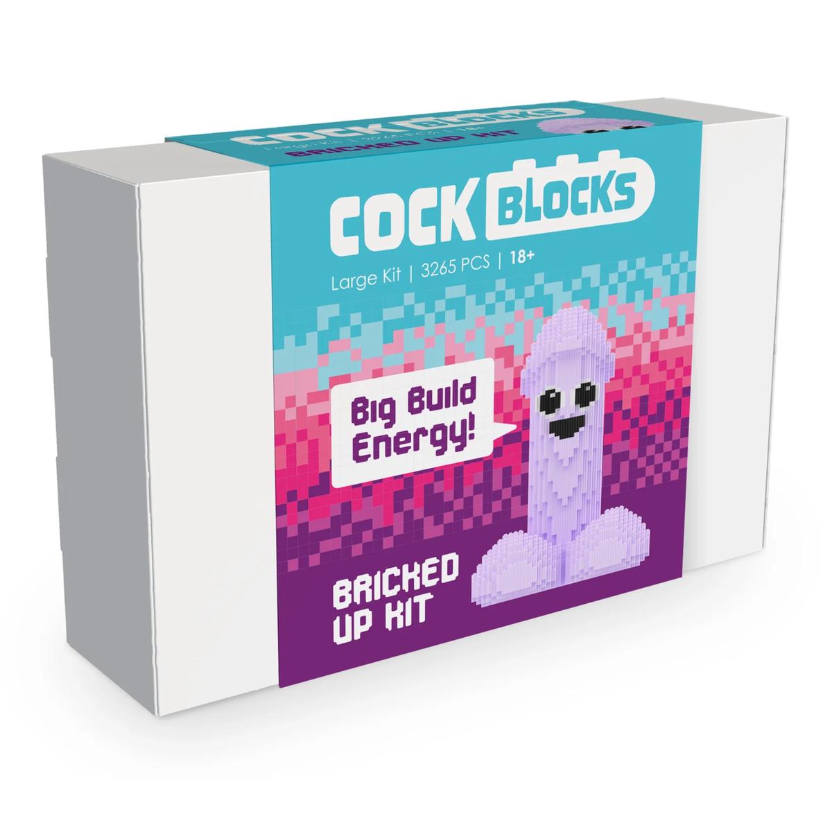 Front packaging box view of the Cock Blocks Bricked Up Kit featuring cyan and purple pixel art graphics and the slogan "Big Build Energy!" Imagen principal del producto
