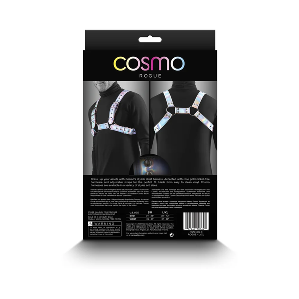 Rear packaging view of the Cosmo Rogue harness retail box, showcasing front and back mannequin shots, product description, care instructions, and a sizing chart.