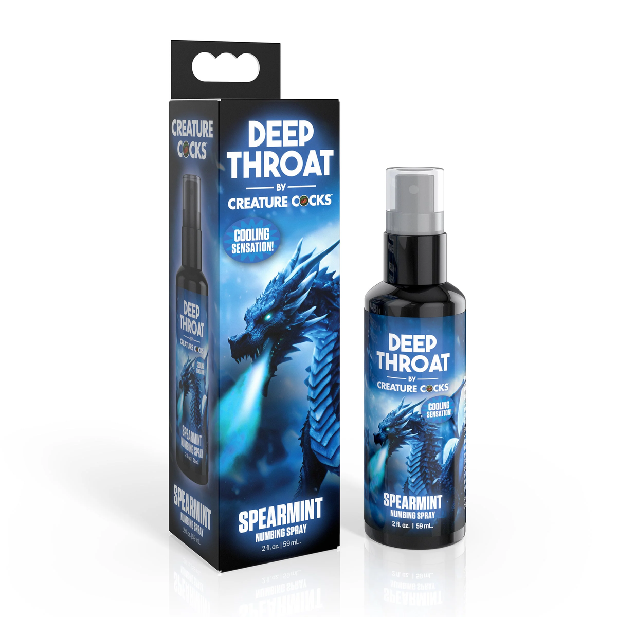 Studio product shot featuring the 2 fl oz (59 ml) black spray bottle of Spearmint Numbing Spray next to its retail box, both decorated with blue ice-dragon artwork and a "Cooling Sensation!" badge. Imagen principal del producto