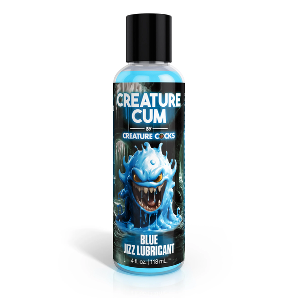 Front studio view of the 4 fl oz (118 ml) clear squeeze bottle of Creature Cum Blue Water-Based Jizz Lubricant, featuring a blue slime monster illustration and a black cap.