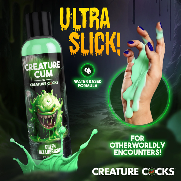 Feature graphic titled "Ultra Slick!" displaying thick green liquid dripping down a hand with blue-manicured nails, alongside a water-based formula badge and the 8 fl oz bottle.