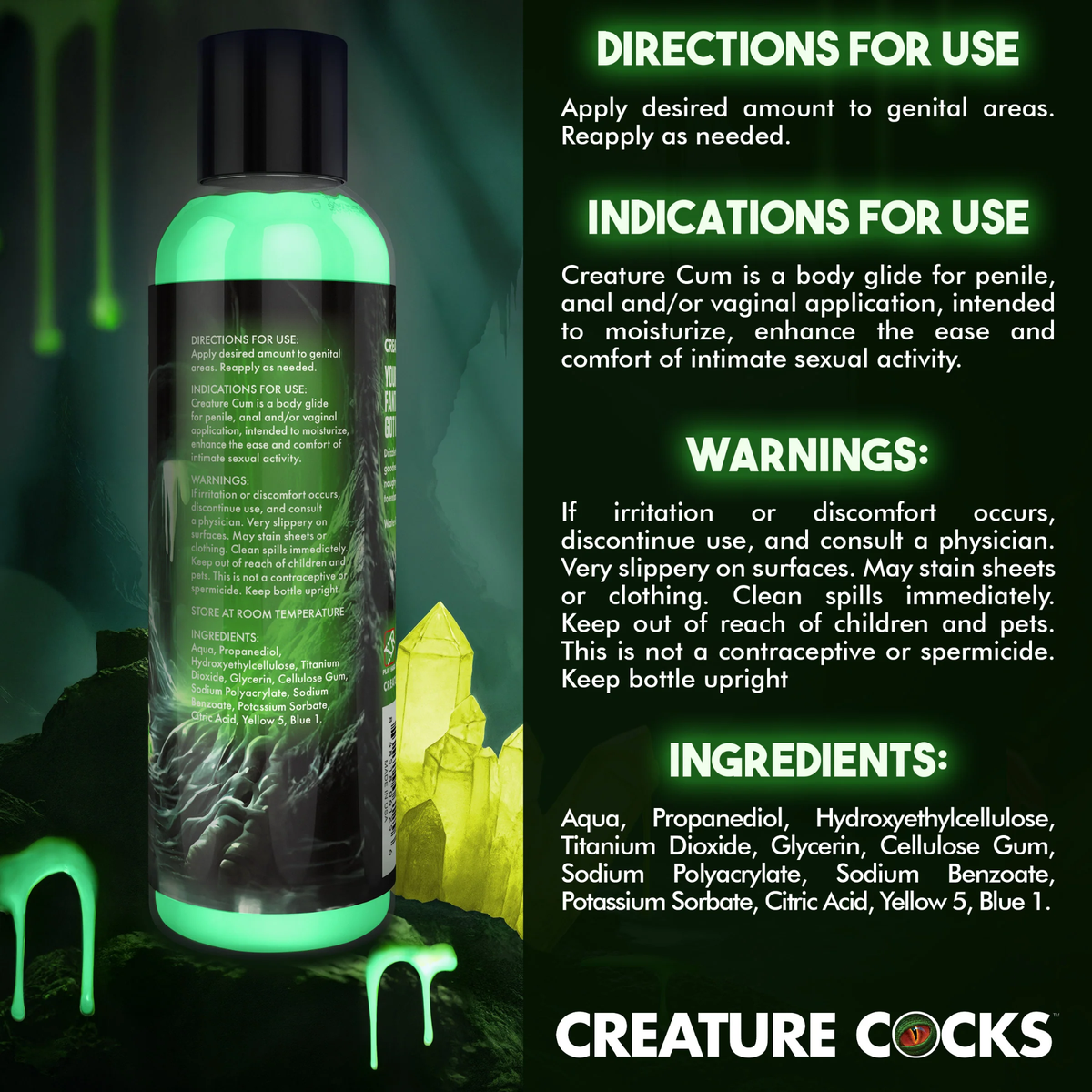 Back label packaging layout displaying directions for use, indications, warnings, and full ingredients list alongside a rear view of the 8 fl oz bottle.