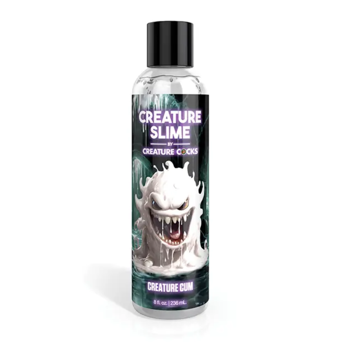Front studio view of the 8 fl oz (236 ml) clear squeeze bottle of Creature Slime Creature Cum Unscented Jizz Lubricant, featuring a white slime monster illustration on a dark label with a black cap. Imagen principal del producto