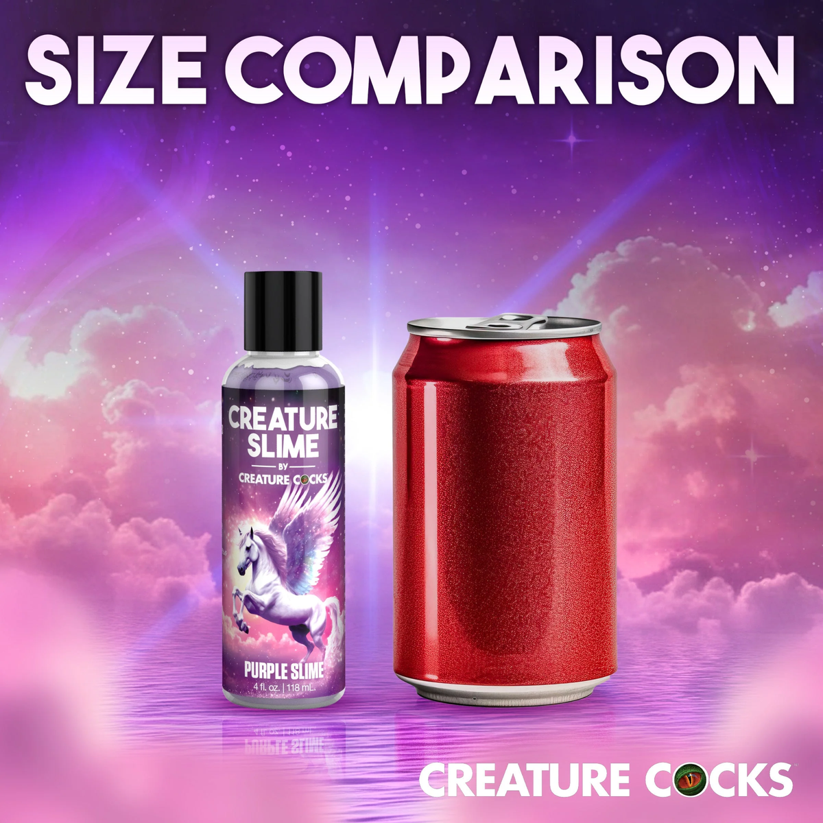 Size comparison graphic displaying the 4 fl oz (118 ml) bottle of Purple Slime Lubricant standing next to a standard red beverage can.