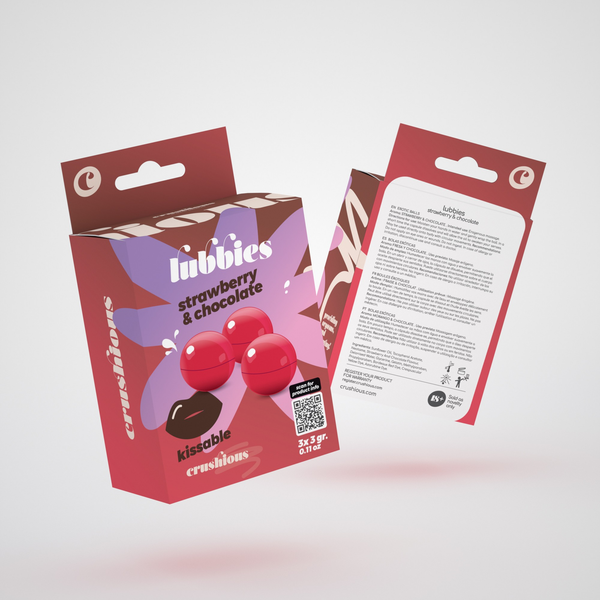 Product packaging shot showing the front and back of the pink and brown Crushious Lubbies Strawberry & Chocolate Oil Balls box containing three 3 g bath/massage spheres, featuring multi-language instructions and ingredient information on the reverse side.