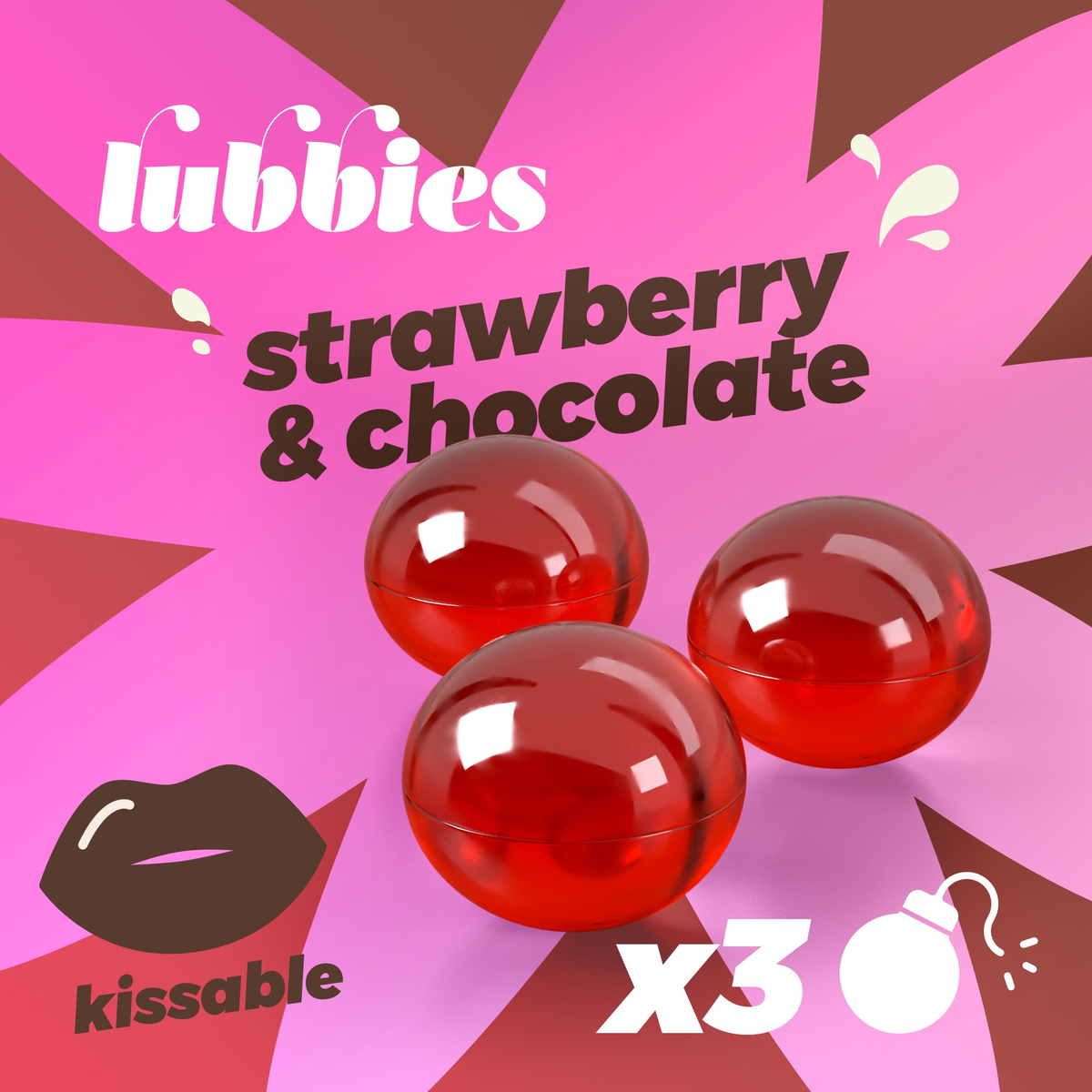 Promotional graphic featuring three translucent red strawberry-chocolate oil spheres against a pink and brown graphic background, set alongside dark brown text reading "strawberry & chocolate", a lips icon labeled "kissable", and a bomb icon labeled "x3".