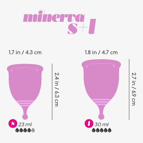 Graphic showing the dimensions of the pink Minerva S (23ml) and L (30ml) menstrual cups, including height and diameter in inches and centimeters.