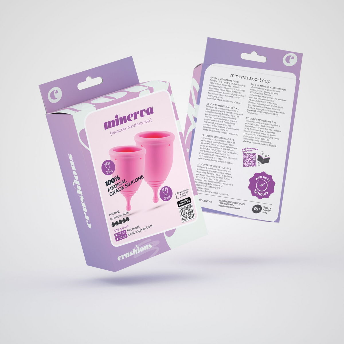 Product packaging for the Minerva S+L reusable menstrual cup set, listing 100% Medical Grade Silicone and showing the 23ml and 30ml cups.