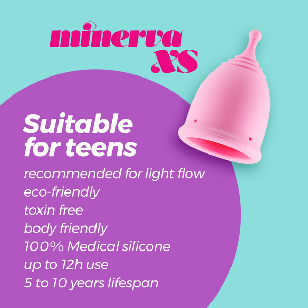 Graphic advertising the pink Minerva XS menstrual cup, listing benefits like "Suitable for teens," "eco-friendly," "toxin free," and "100% Medical silicone.